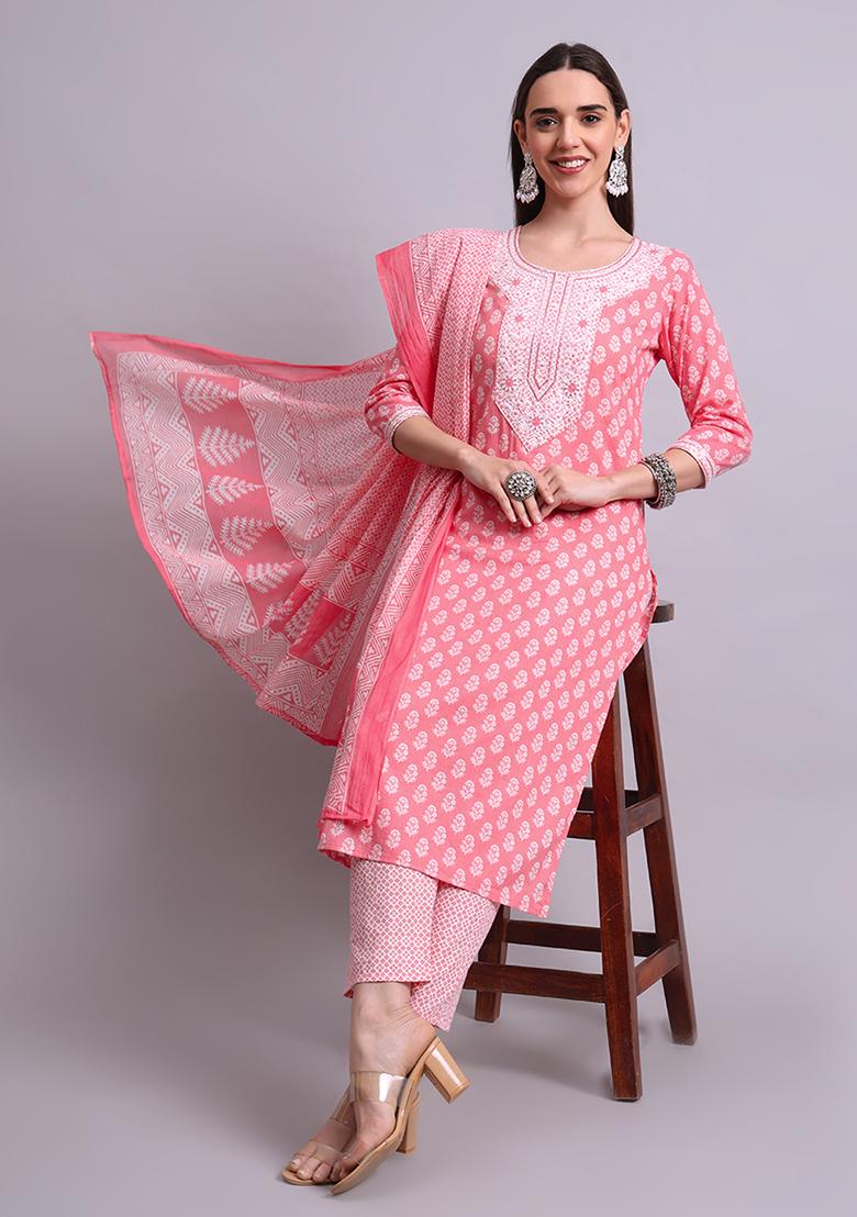 Red Embroidered Cotton Salwar Kameez With Dupatta