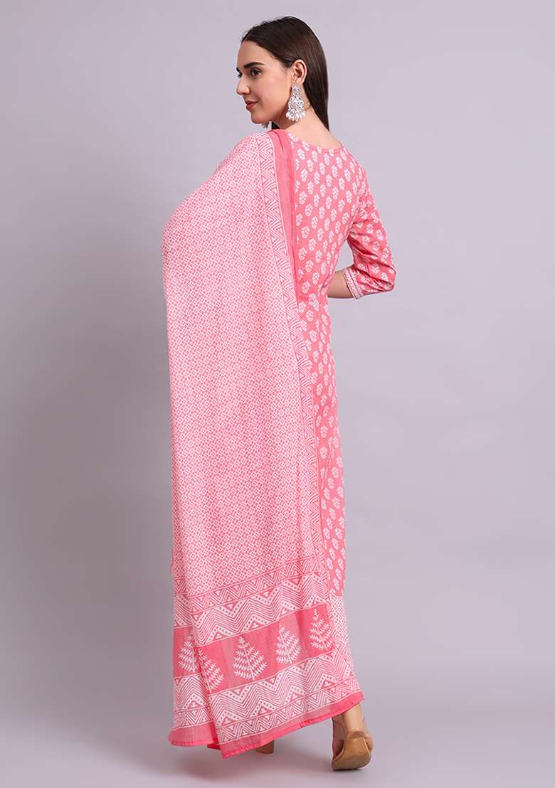 Red Embroidered Cotton Salwar Kameez With Dupatta - Indya