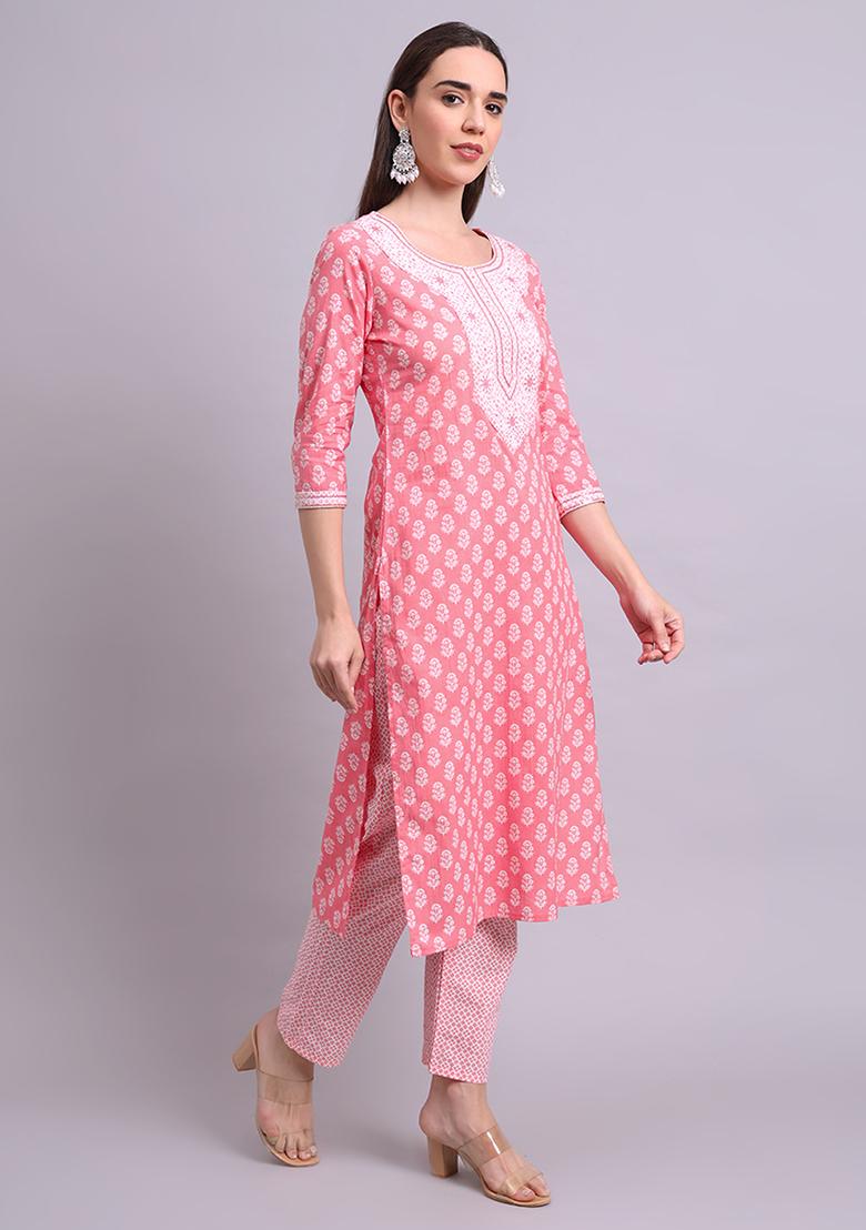 Red Embroidered Cotton Salwar Kameez With Dupatta