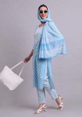 Sky Blue Embroidered Cotton Salwar Kameez With Dupatta