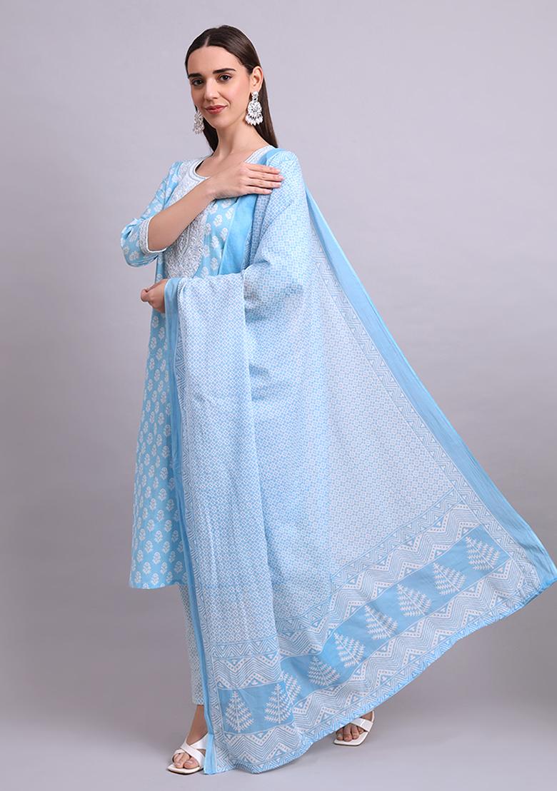 Sky Blue Embroidered Cotton Salwar Kameez With Dupatta