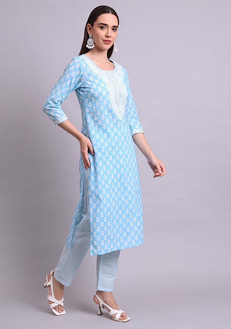 Sky Blue Embroidered Cotton Salwar Kameez With Dupatta