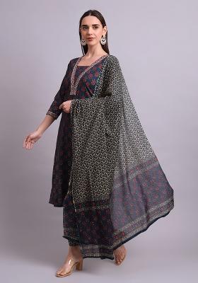 Blue Embroidered Cotton Salwar Kameez With Dupatta