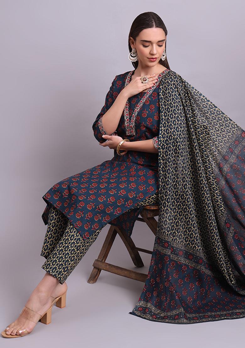 Blue Embroidered Cotton Salwar Kameez With Dupatta