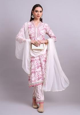 Off White Embroidered Cotton Salwar Kameez With Dupatta