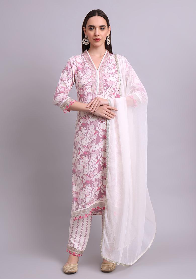 Off White Embroidered Cotton Salwar Kameez With Dupatta