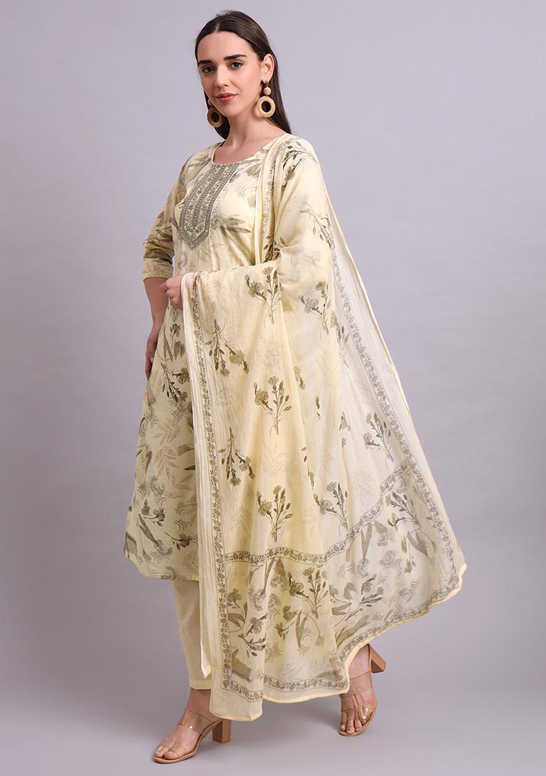 Beige Embroidered Cotton Salwar Kameez With Dupatta