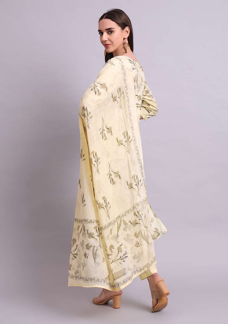 Beige Embroidered Cotton Salwar Kameez With Dupatta - Indya