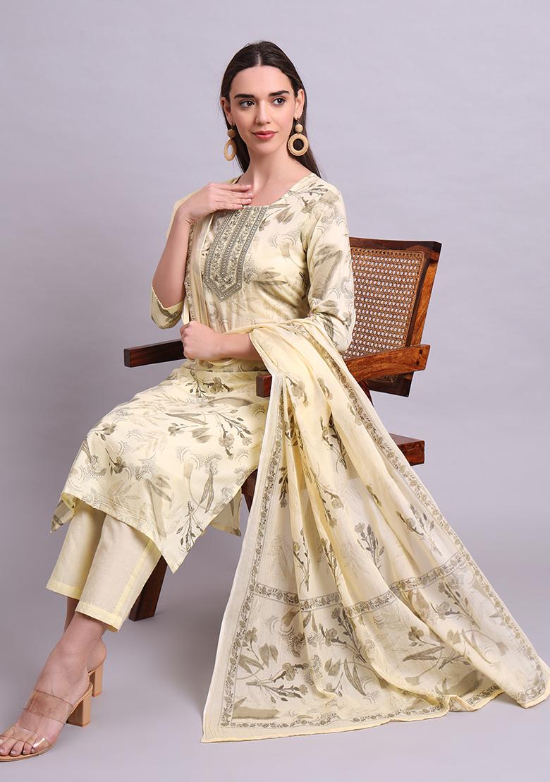 Beige Embroidered Cotton Salwar Kameez With Dupatta