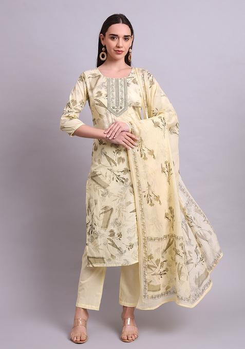 Beige Embroidered Cotton Salwar Kameez With Dupatta