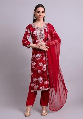 Mahroon Embroidered Cotton Salwar Kameez With Dupatta
