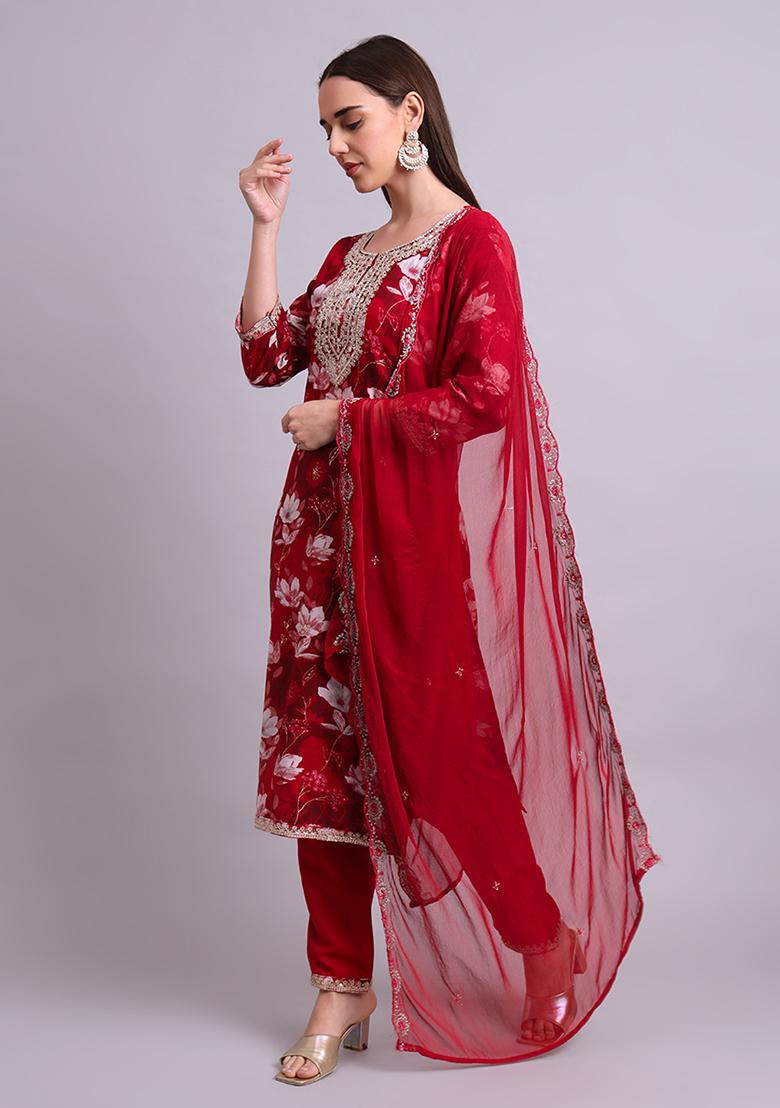 Mahroon Embroidered Cotton Salwar Kameez With Dupatta