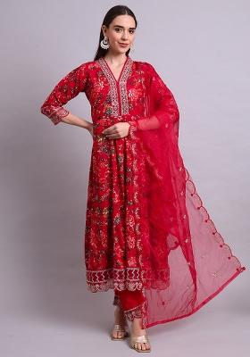 Mahroon Embroidered Cotton Anarkali Set With Dupatta