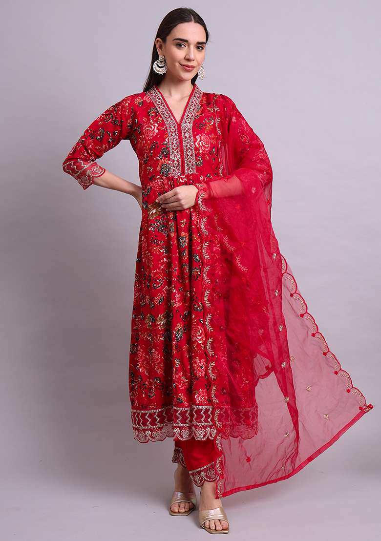 Mahroon Embroidered Cotton Anarkali With Dupatta - Indya