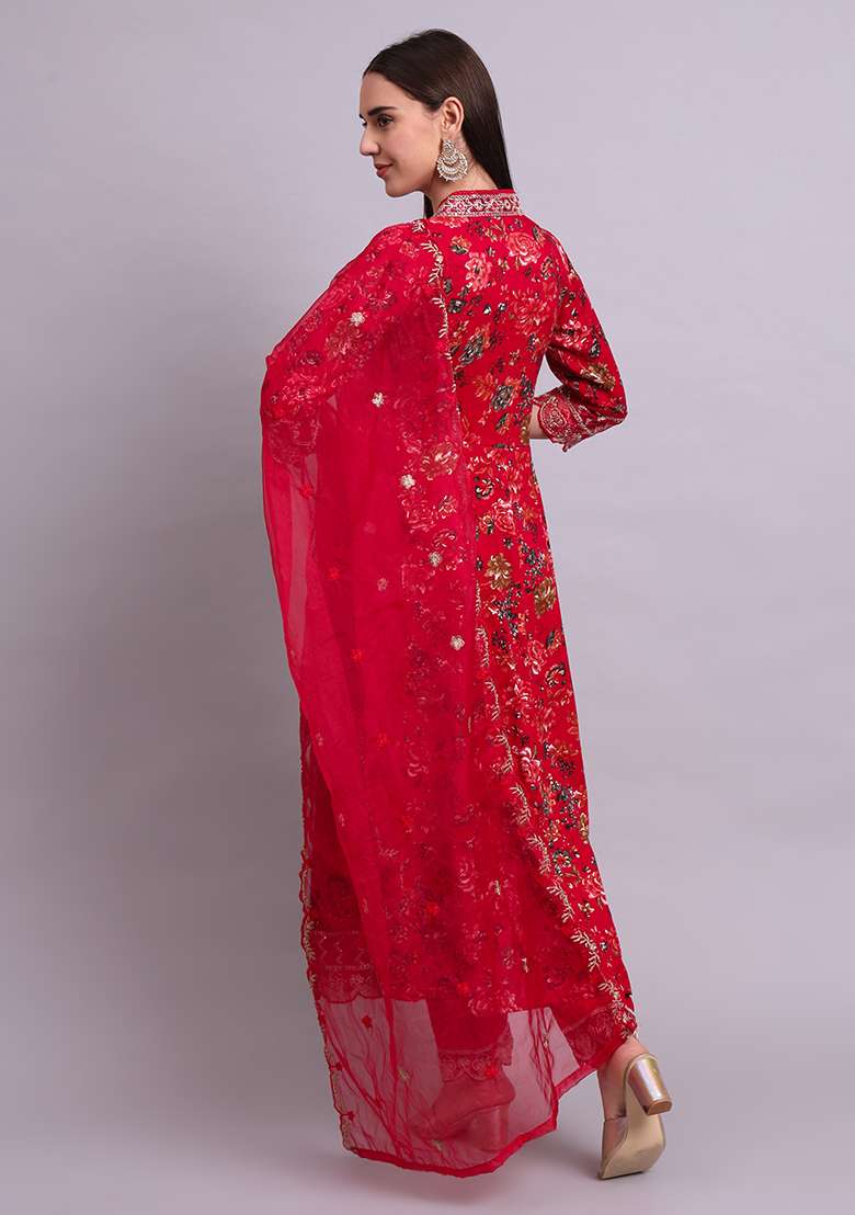 Mahroon Embroidered Cotton Anarkali With Dupatta - Indya