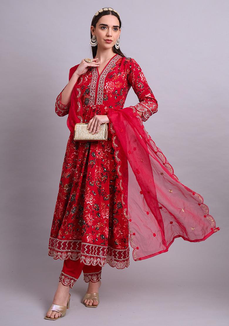 Mahroon Embroidered Cotton Anarkali Set With Dupatta