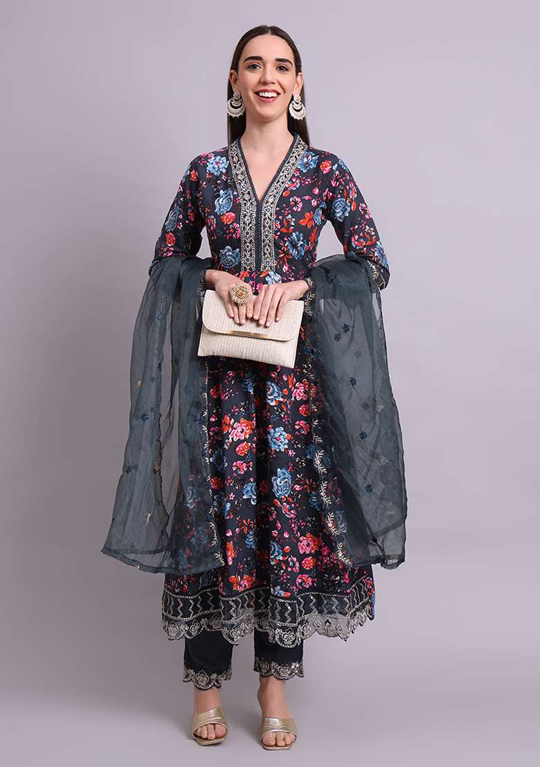 Black Embroidered Cotton Anarkali With Dupatta - Indya
