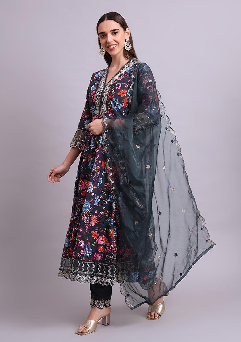 Black Embroidered Cotton Anarkali Set With Dupatta