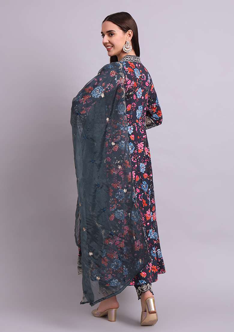 Black Embroidered Cotton Anarkali With Dupatta - Indya