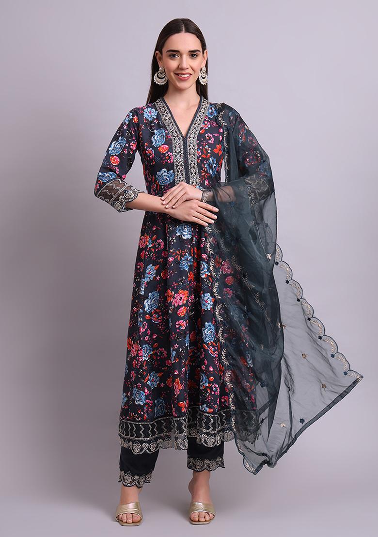 Black Embroidered Cotton Anarkali Set With Dupatta