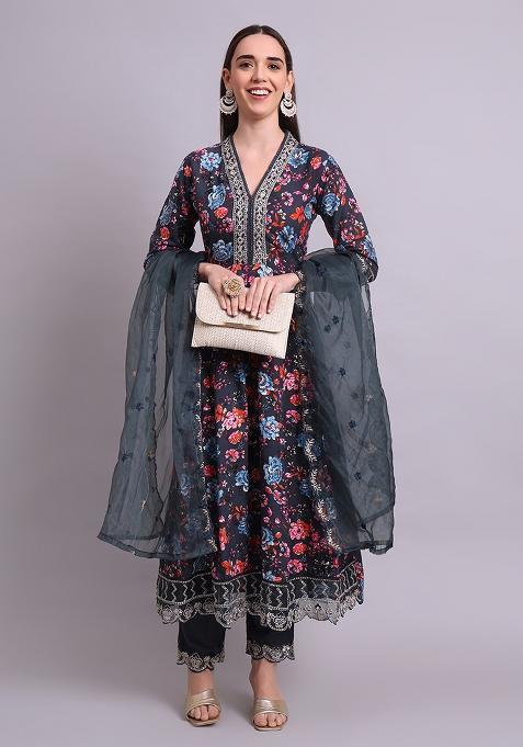 Black Embroidered Cotton Anarkali Set With Dupatta