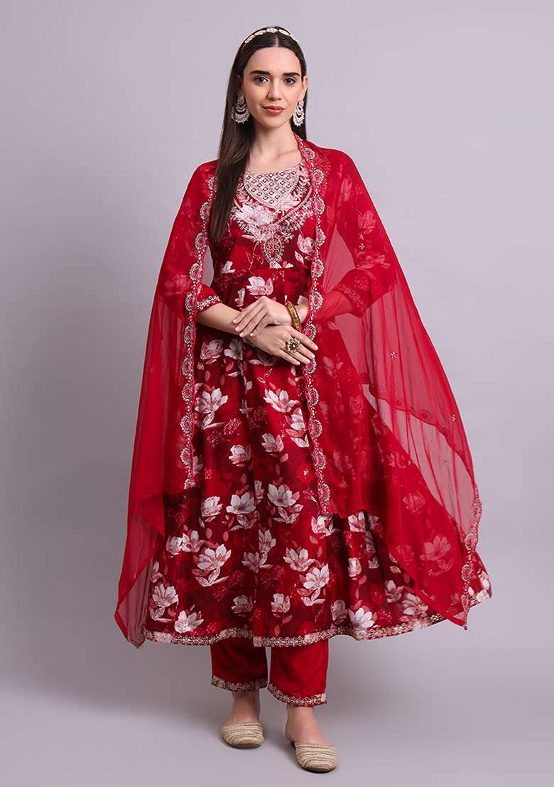 Mahroon Embroidered Cotton Anarkali With Dupatta - Indya