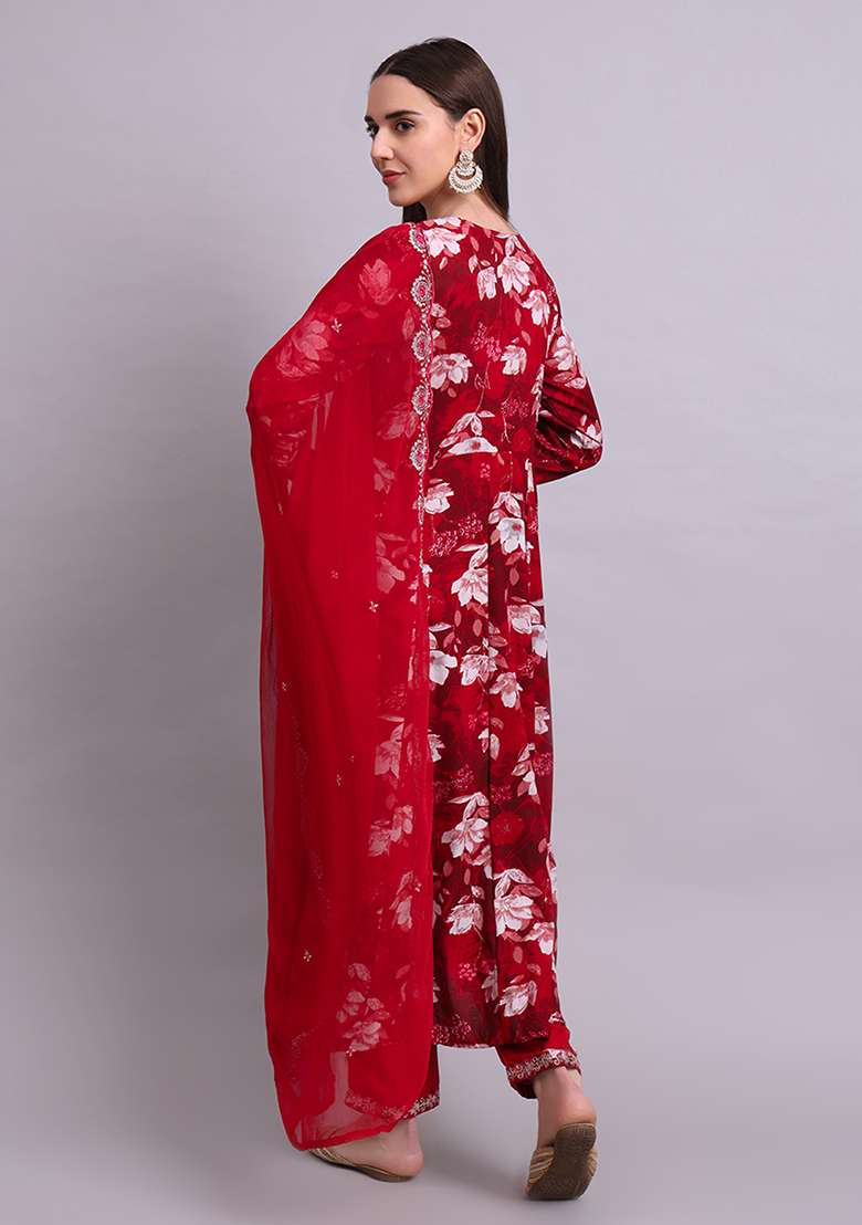Mahroon Embroidered Cotton Anarkali With Dupatta - Indya