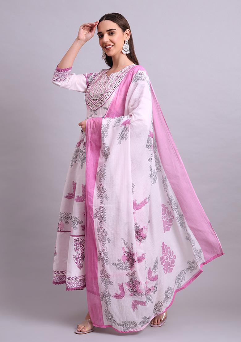 Pink Embroidered Cotton Anarkali Set With Dupatta