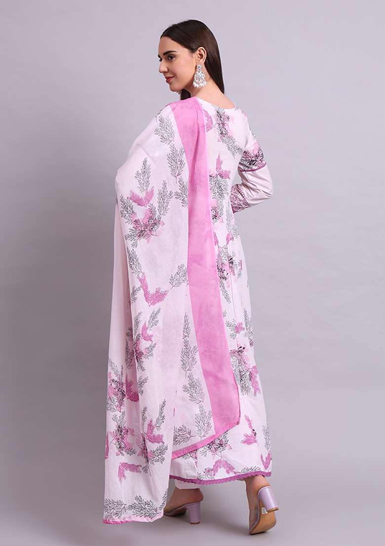 Pink Embroidered Cotton Anarkali With Dupatta - Indya