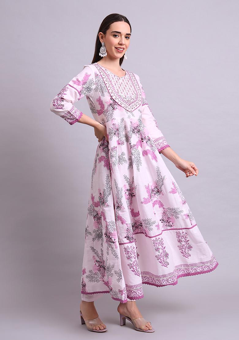 Pink Embroidered Cotton Anarkali Set With Dupatta