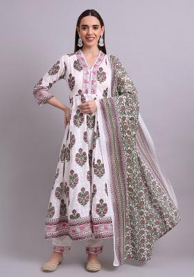 Off White Embroidered Cotton Anarkali Set With Dupatta