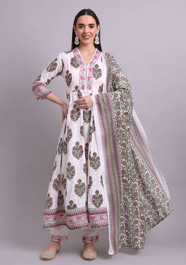 Off White Embroidered Cotton Anarkali With Dupatta - Indya