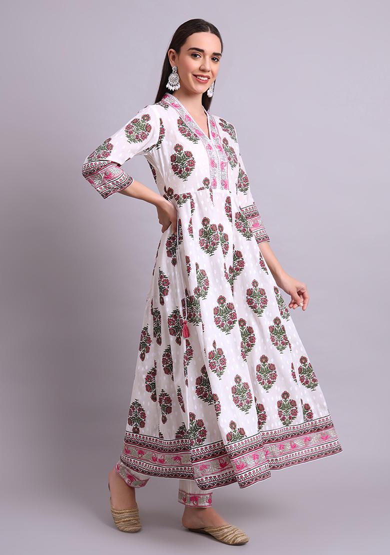 Off White Embroidered Cotton Anarkali Set With Dupatta