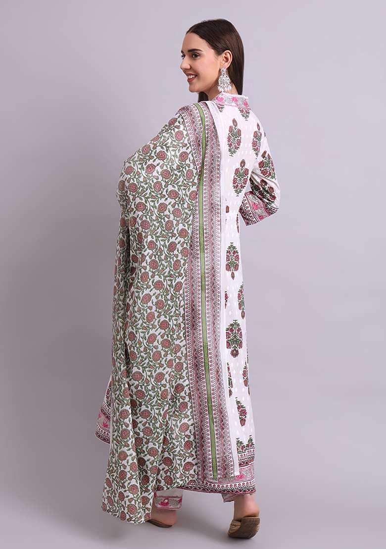 Off White Embroidered Cotton Anarkali With Dupatta - Indya