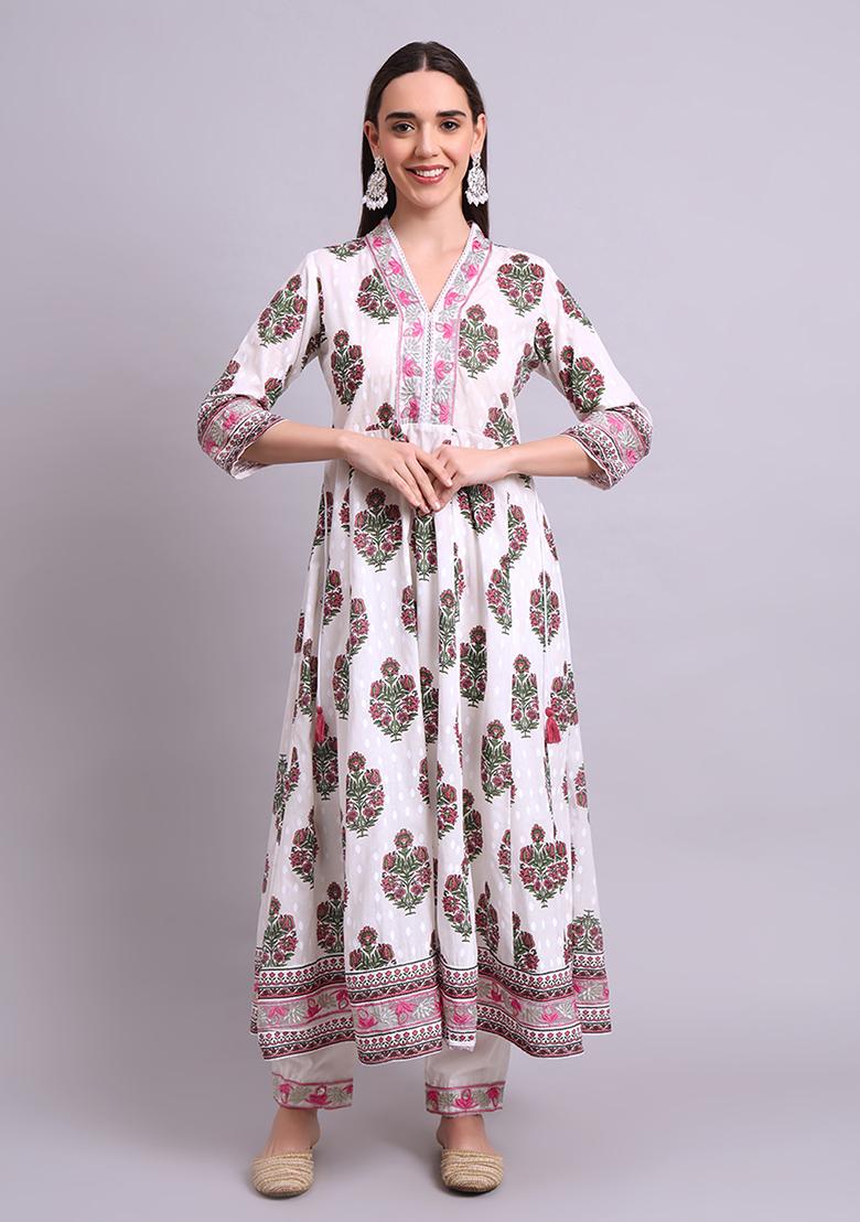 Off White Embroidered Cotton Anarkali Set With Dupatta