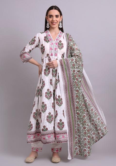 Off White Embroidered Cotton Anarkali Set With Dupatta