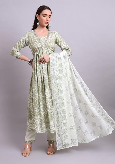 Green Embroidered Cotton Anarkali Set With Dupatta