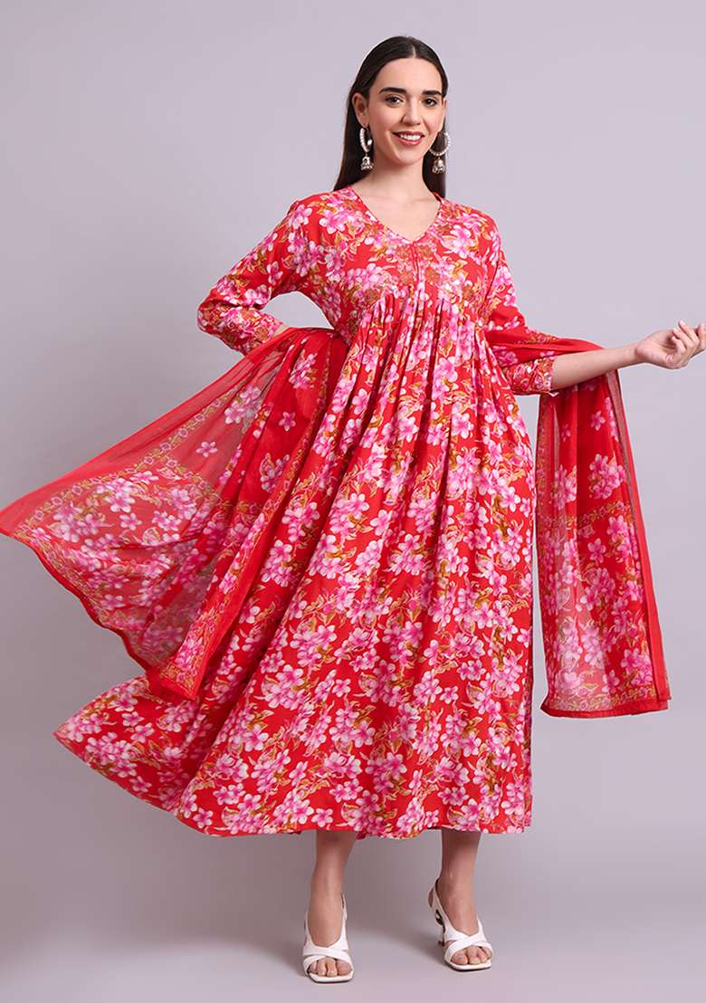 Red Embroidered Cotton Anarkali With Dupatta With Dupatta - Indya