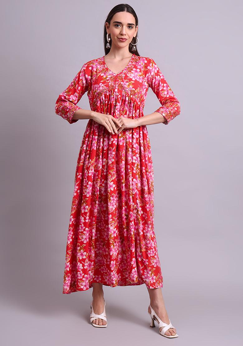 Red Embroidered Cotton Anarkali Set With Dupatta