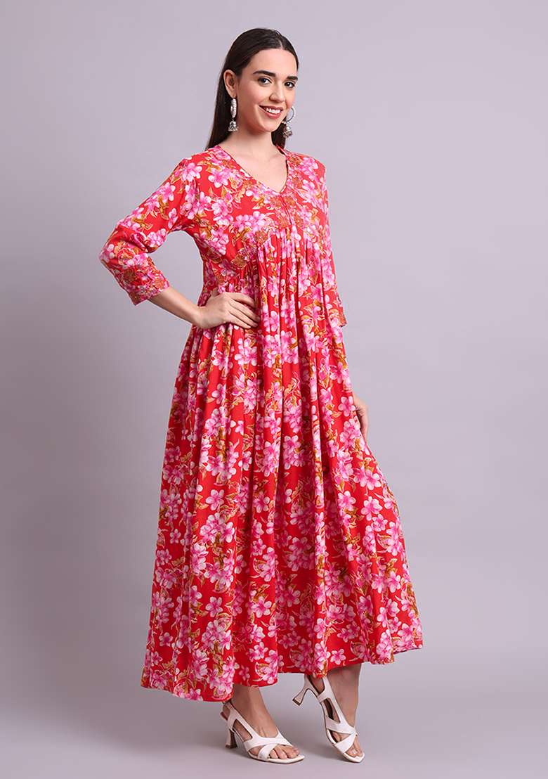 Red Embroidered Cotton Anarkali With Dupatta With Dupatta - Indya