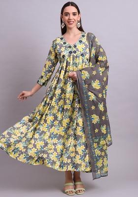 Yellow Embroidered Cotton Anarkali Set With Dupatta