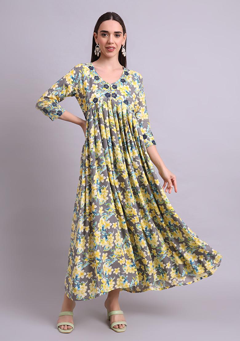 Yellow Embroidered Cotton Anarkali Set With Dupatta