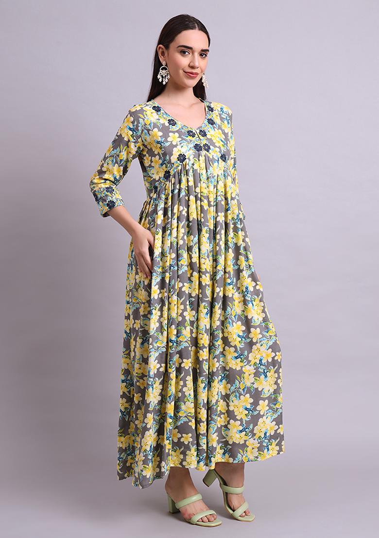 Yellow Embroidered Cotton Anarkali Set With Dupatta