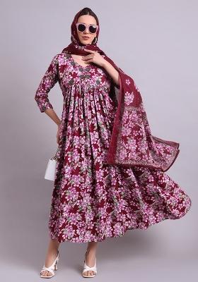 Purple Embroidered Cotton Anarkali Set With Dupatta