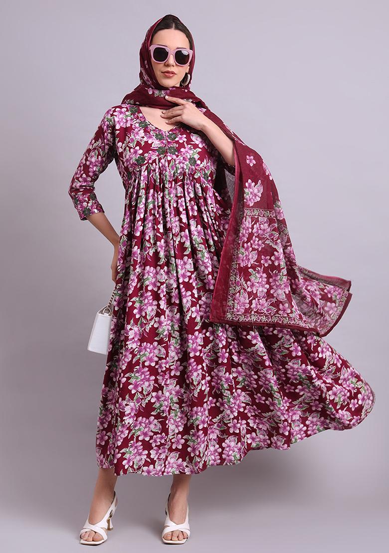 Purple Embroidered Cotton Anarkali Set With Dupatta