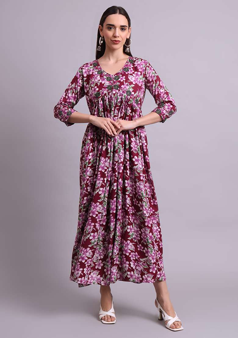 Purple Embroidered Cotton Anarkali With Dupatta With Dupatta - Indya