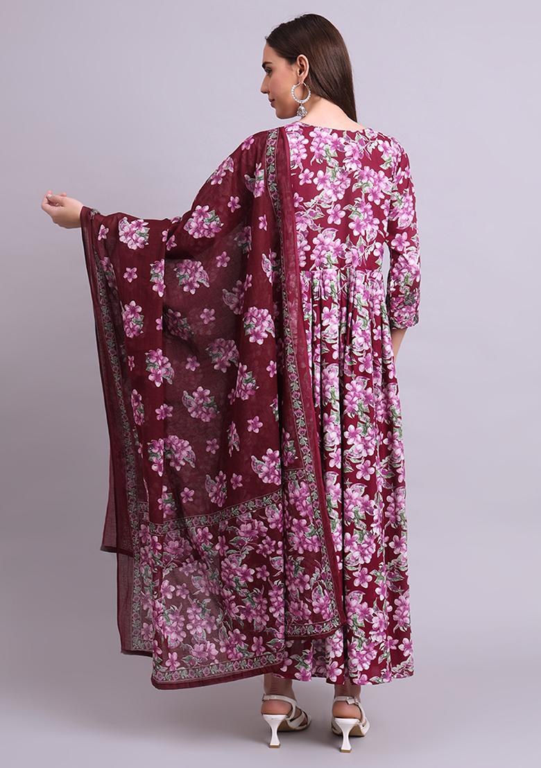 Purple Embroidered Cotton Anarkali Set With Dupatta