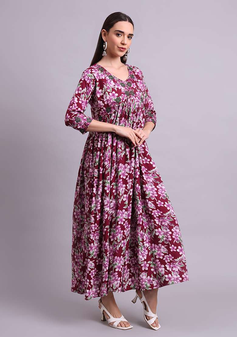 Purple Embroidered Cotton Anarkali With Dupatta With Dupatta - Indya
