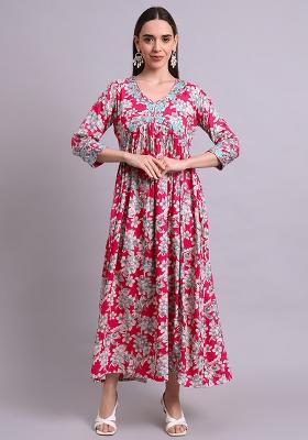 Red Embroidered Cotton Anarkali Set With Dupatta