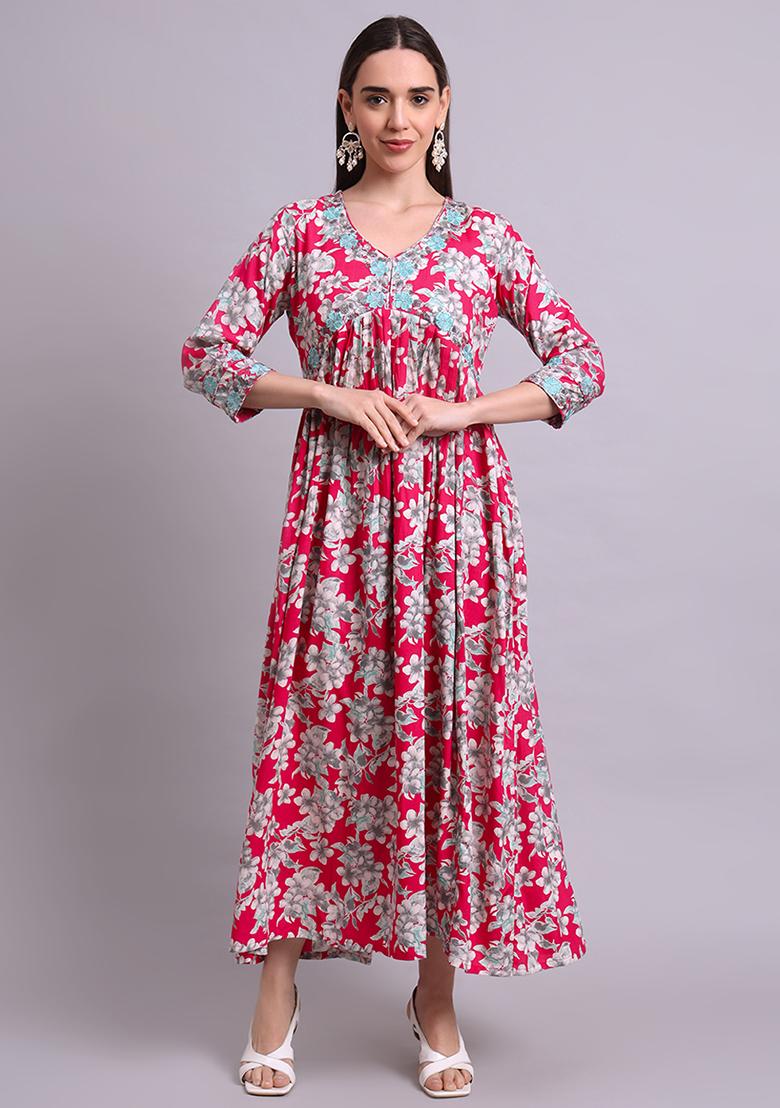 Red Embroidered Cotton Anarkali Set With Dupatta